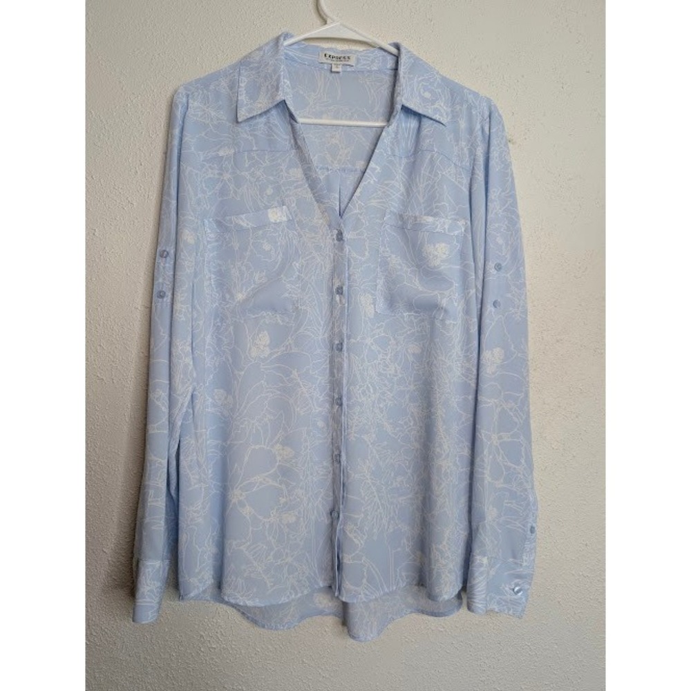 Express The Portofino Shirt Women Top Large Blue Floral V-Neck Blouse Career
